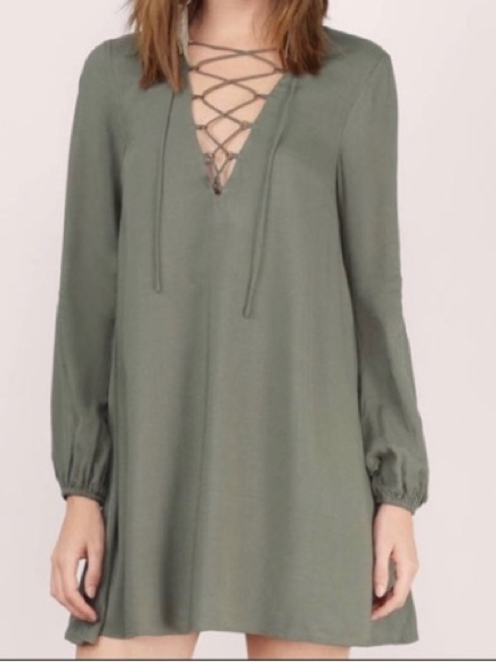 Tobi Olive Green Lace-Up Long Sleeve Shift Dress